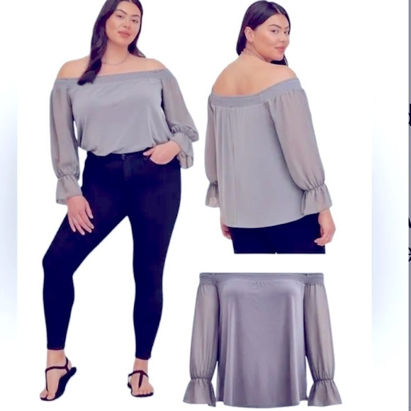 TORRID Smocked Off Shoulder Sheer  Top Size 4X Grey Long Sleeves Balletc… - Picture 5 of 7